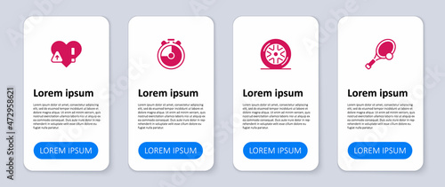 Set Tennis racket with ball, Car wheel, Stopwatch and Heart rate. Business infographic template. Vector