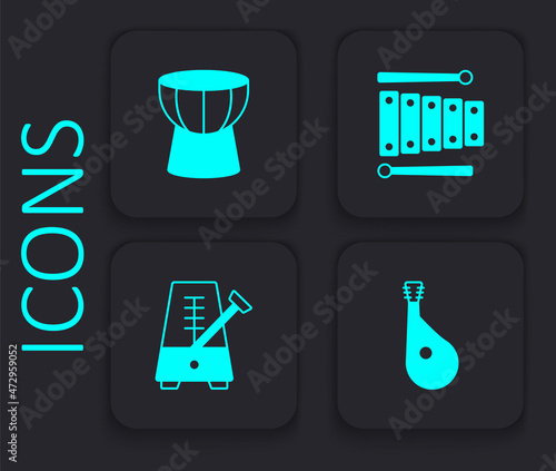 Set Bandura, African darbuka drum, Xylophone and Metronome with pendulum icon. Black square button. Vector