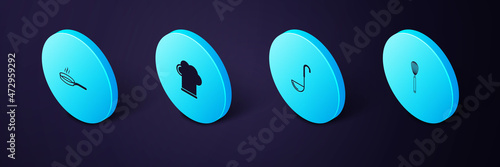 Set Isometric Kitchen whisk, ladle, Chef hat and Frying pan icon. Vector
