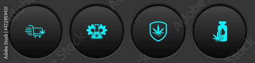 Set Shopping cart with marijuana, Test tube, Shield and and Marijuana or cannabis leaf oil icon. Vector