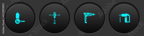 Set Angle grinder, Construction jackhammer, Electric drill machine and Rotary icon. Vector