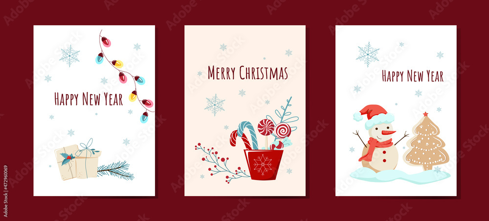 A collection of greeting cards for the New Year with gifts, a snowman and sweets. Vector illustration for decoration A collection of greeting cards for the New Year with gifts, a snowman and sweets. Vector illustration for decoration