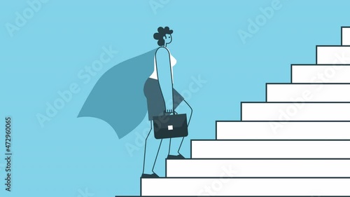 Woman Superhero Climb Walking Up The Stairs. Success and Career Growth Concepts. Flat Design Cartoon Character Isolated Loop 2d Animation