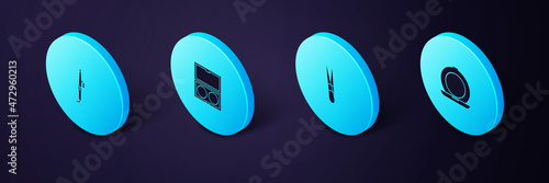 Set Isometric Makeup powder with mirror, Eyebrow tweezers, and Curling iron icon. Vector