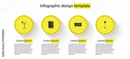 Set Coat stand, Shower cabin, TV table and Floor lamp. Business infographic template. Vector