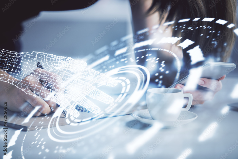 Double exposure of technology sketch hologram and woman holding and using a mobile device. Double exposure of technology sketch hologram and woman holding and using a mobile device.