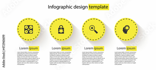 Set Medical pills with marijuana, Shopping paper bag of, Magnifying glass and and Head or cannabis. Business infographic template. Vector