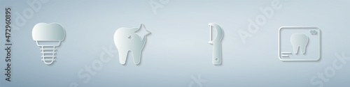 Set Dental implant, Tooth whitening, floss and X-ray of tooth. Paper art style. Vector