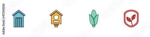 Set Wooden outdoor toilet, Bird house, Corn and Shield with leaf icon. Vector