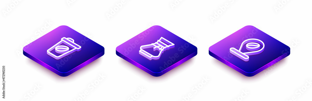 Set Isometric line Coffee cup to go, Pour over coffee maker and Location with bean icon. Vector Set Isometric line Coffee cup to go, Pour over coffee maker and Location with bean icon. Vector