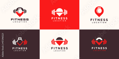 set of abstract fitness location logo. kettlebell combined dumbbell and heart logo design