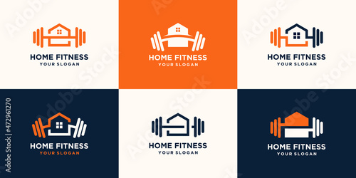 set of abstract fitness home logo. kettlebell combined dumbbell and heart logo design