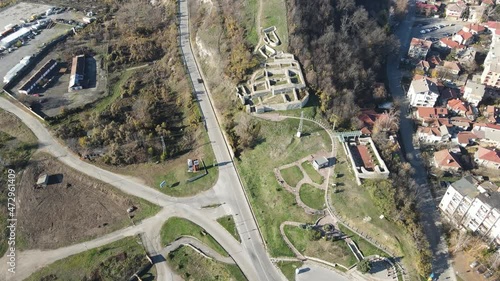 Aerial view of Ruins of Ancient fortification Castra ad Montanensium in town of Montana, Bulgaria photo
