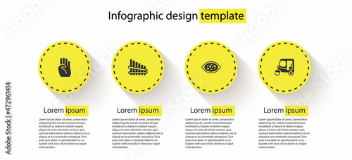 Set Indian symbol hand, Pan flute, Kheer in bowl and Taxi tuk tuk. Business infographic template. Vector