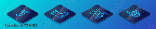 Set Isometric line Dead fish, Inflatable boat with motor, Spinning reel for fishing and Fishing boots icon. Vector