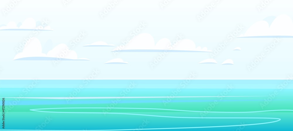 Azure seascape. Skyline of the blue sea. Calm weather. Illustration in cartoon style. Vector.