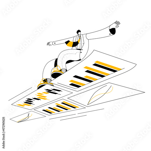 A man in a business suit surfs the necessary analytical information. The concept of vector illustration on the topic of Internet search and data analysis.