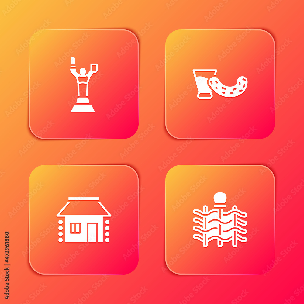 Set Mother Motherland monument, Glass with vodka, Ukrainian house and Wicker fence icon. Vector Set Mother Motherland monument, Glass with vodka, Ukrainian house and Wicker fence icon. Vector