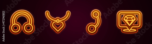 Set line Piercing, Necklace with heart shaped, and Diamond. Glowing neon icon. Vector
