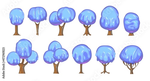 Set of fabulous sweet trees. For landscapes with blue caramel, ice cream or jelly. Perspiration. Childrens fun illustration. Cartoon style. Vector