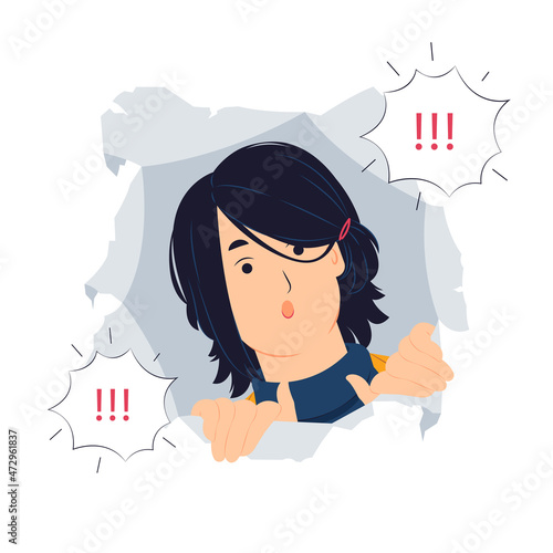 Woman curiosity and discovery startled, shocked, surprised, speaking, listening, hearing, whispering, pay attention, peeking through torn paper hole wall concept illustration
