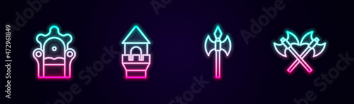 Set line Medieval throne, Castle tower, axe and Crossed medieval axes. Glowing neon icon. Vector