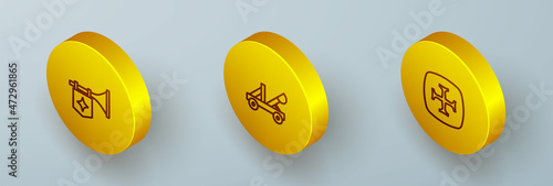 Set Isometric line Trumpet with flag, Medieval catapult and Crusade icon. Vector