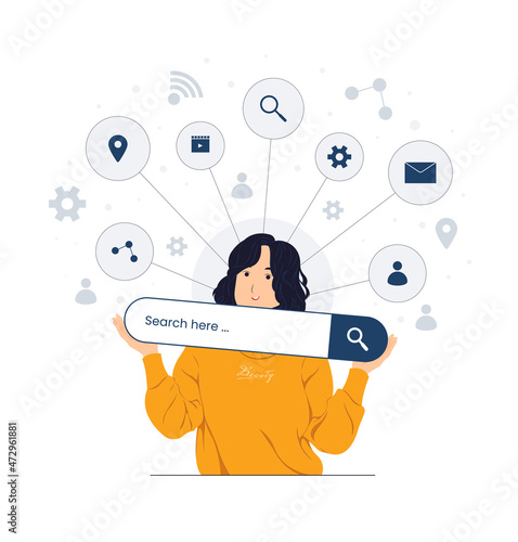Woman holding web browser online,search engine bars, seo optimization, concept illustrations