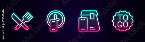 Set line Crossed knife and fork, Round the clock delivery, Online ordering food and Coffee cup to go. Glowing neon icon. Vector