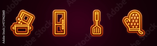 Set line Cooking pot and spice, Refrigerator, Spatula and Oven glove. Glowing neon icon. Vector