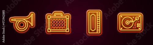 Set line Trumpet, Guitar amplifier, Harmonica and Vinyl player with vinyl disk. Glowing neon icon. Vector
