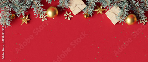 Flat lay Christmas decorations with gift boxes on red background. 3d rendering