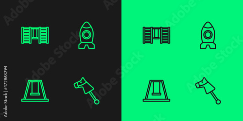 Set line Toy horse, Swing for kids, Swedish wall and Rocket ship toy icon. Vector