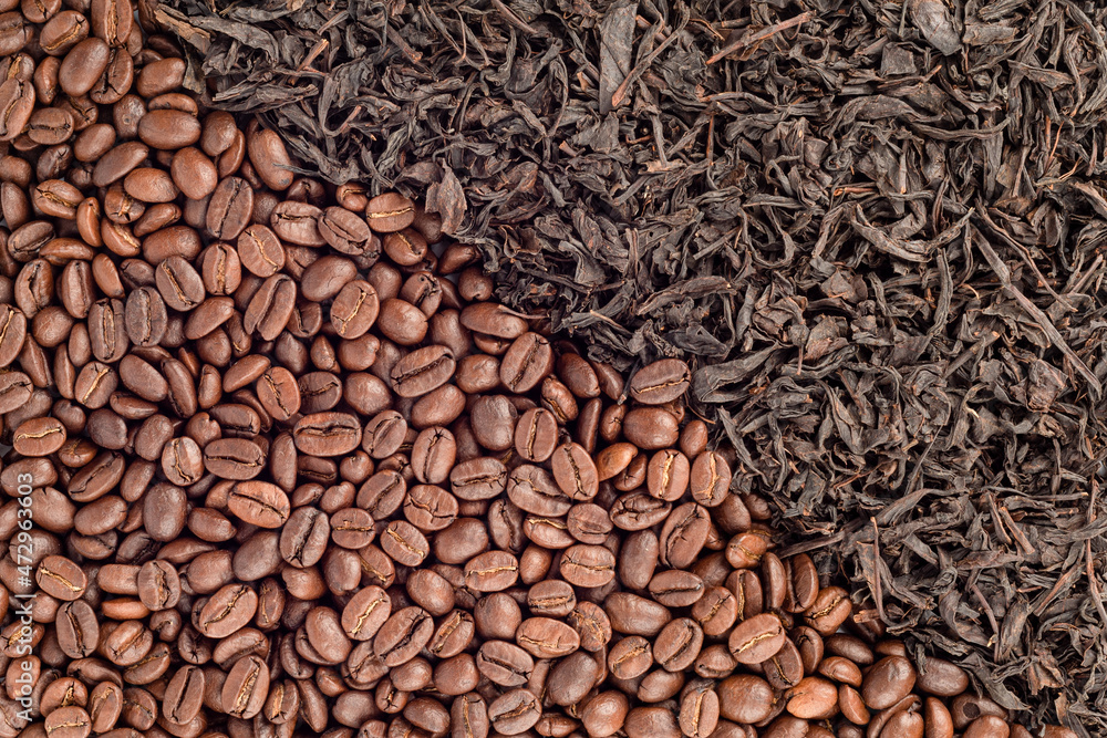 Full frame of roasted coffee beans and tea leaves arranged diagonally