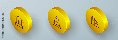 Set Isometric line Flasher siren, Traffic cone and Turnstile icon. Vector