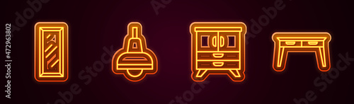 Set line Big full length mirror, Lamp hanging, Chest of drawers and Office desk. Glowing neon icon. Vector
