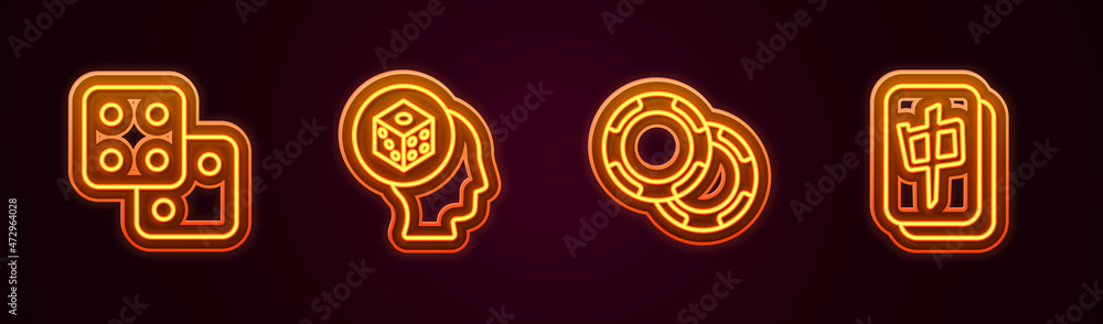 Set line Game dice, Casino chips and Mahjong pieces. Glowing neon icon. Vector Set line Game dice, Casino chips and Mahjong pieces. Glowing neon icon. Vector