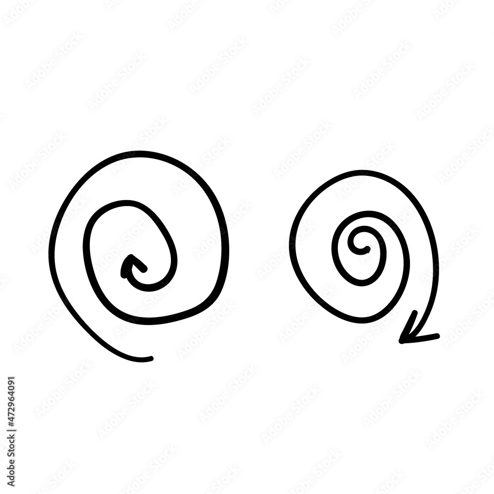 composition of two hand-drawn doodle style arrows. spiral arrows inside and outside