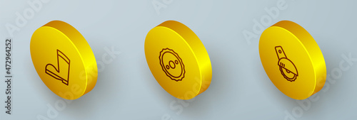 Set Isometric line Waterproof rubber boot, Circular saw blade and Electric circular icon. Vector