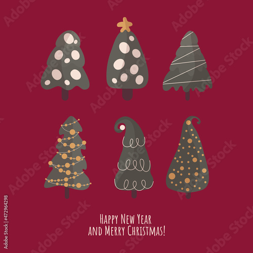 A set of New Year, Christmas trees. A good postcard for the holiday. Vector illustration of decorated winter Christmas trees. Minimalism. Christmas palette. New Year's Eve. Design for products.