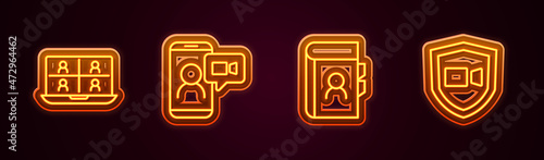 Set line Video chat conference, Phone book and . Glowing neon icon. Vector
