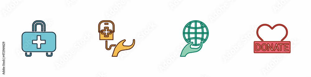 Set First aid kit, Blood donation, Hand holding Earth globe and Donation charity icon. Vector Set First aid kit, Blood donation, Hand holding Earth globe and Donation charity icon. Vector