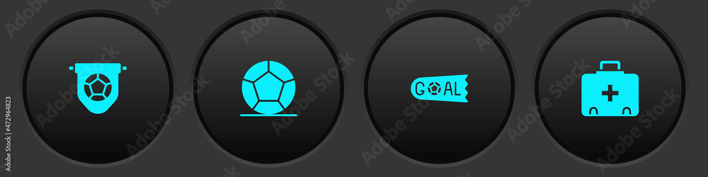 Fototapeta premium Set Football flag pennant, Soccer football, Goal soccer and First aid kit icon. Vector