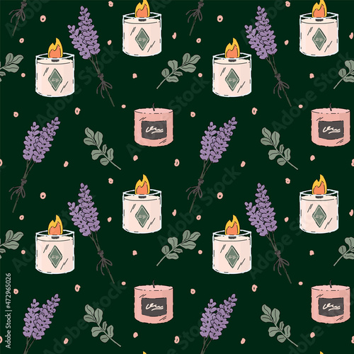 A pattern with aroma candles and lavender flowers. Beautiful background of self-care, relaxation, aromatherapy, spa. Textiles for women scented candles. Vector illustration