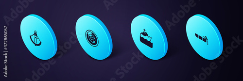 Set Isometric Inflatable boat with motor, Cruise ship, Radar targets and Anchor icon. Vector