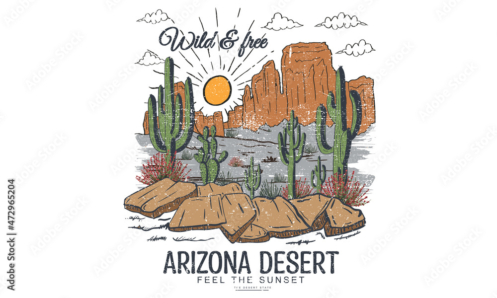 Arizona desert vector t shirt design. Hand sketch digital artwork for ...