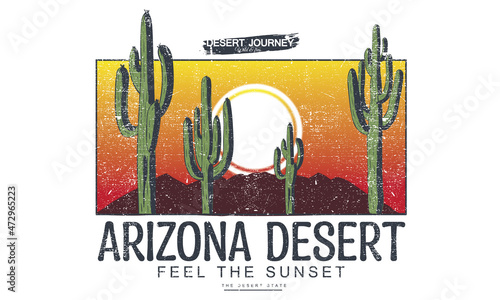 Arizona desert with gradient sky vector t shirt design. Wild cactus artwork for apparel, sticker, batch, background, poster and others. 