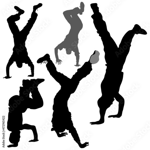 Vector silhouettes of 5 guys dancing break dance. Isolated male handstand, headstand. Dancers are acrobats.