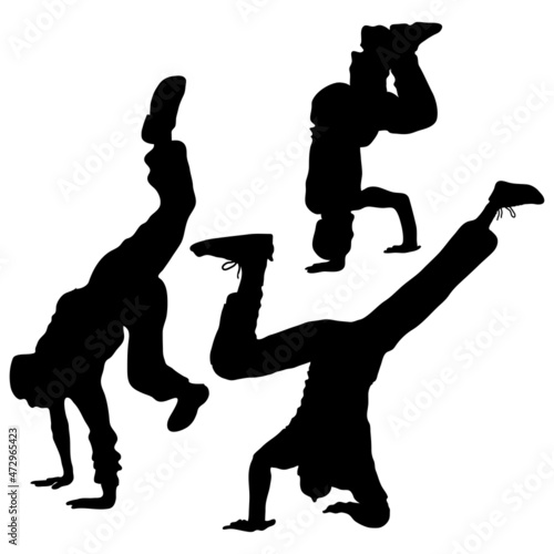 Vector silhouettes of 5 guys dancing break dance. Isolated male handstand, headstand. Dancers are acrobats.