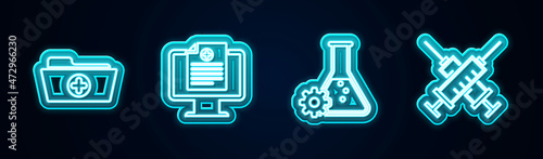 Set line Health record folder, Clinical on monitor, Bioengineering and Crossed syringe. Glowing neon icon. Vector